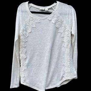 Cato‎ Cream Lace Trim Long Sleeve Top Women's Medium Romantic Boho Sheer Knit